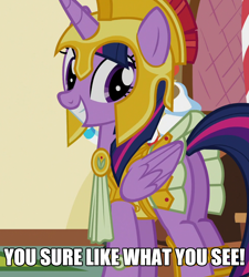 Size: 970x1078 | Tagged: safe, edit, edited screencap, screencap, character:twilight sparkle, character:twilight sparkle (alicorn), species:alicorn, species:pony, episode:scare master, g4, my little pony: friendship is magic, armor, armor skirt, athena sparkle, clothing, costume, cropped, female, image macro, like what you see?, mare, meme, plot, skirt, skirt lift, solo, tail upskirt, technically an upskirt shot, twibutt, upskirt