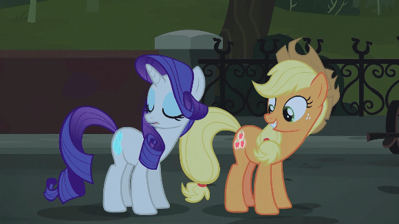 Size: 580x326 | Tagged: safe, edit, edited screencap, screencap, character:applejack, character:rarity, episode:made in manehattan, g4, my little pony: friendship is magic, animated, apple, caption, colored text, hug, orange text, out of context, surprised, tree, vulgar, wtf