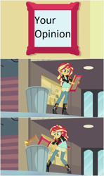 Size: 558x941 | Tagged: safe, edit, screencap, character:sunset shimmer, episode:my past is not today, g4, my little pony: equestria girls, my little pony:equestria girls, exploitable meme, female, into the trash it goes, meme, opinion, reaction image, solo, trash, trash can