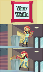 Size: 558x941 | Tagged: safe, edit, screencap, character:sunset shimmer, episode:my past is not today, g4, my little pony: equestria girls, my little pony:equestria girls, exploitable meme, female, into the trash it goes, meme, reaction image, solo, trash, trash can, waifu, your waifu is trash