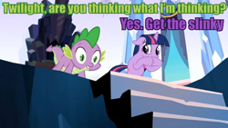 Size: 720x405 | Tagged: safe, edit, edited screencap, screencap, character:spike, character:twilight sparkle, episode:the crystal empire, g4, my little pony: friendship is magic, green text, hooves together, image macro, meme, purple text, slinky, stairs