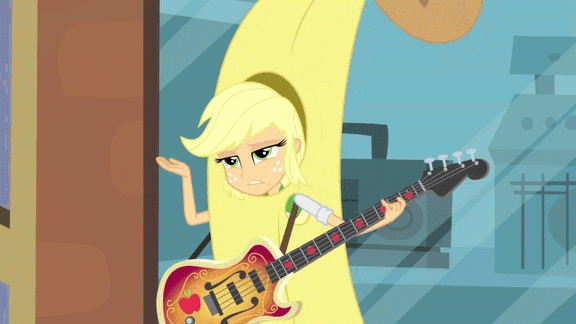 Size: 576x324 | Tagged: safe, edit, edited screencap, screencap, character:applejack, episode:a case for the bass, equestria girls:rainbow rocks, g4, my little pony: equestria girls, my little pony:equestria girls, animated, banana suit, bananajack, bass guitar, facepalm, female, meme, musical instrument, solo, x intensifies