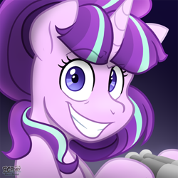 Size: 540x540 | Tagged: safe, artist:bcpony, character:starlight glimmer, species:pony, species:unicorn, episode:what about discord?, g4, my little pony: friendship is magic, binoculars, bust, dreamworks face, evil grin, female, grin, hoof hold, looking at you, mare, raised eyebrow, signature, smiling, snaplight glimmer, solo, soon, starlight stalker, wide eyes