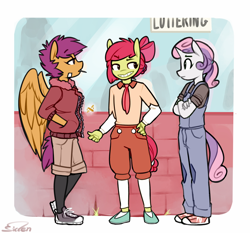 Size: 900x837 | Tagged: safe, artist:siden, character:apple bloom, character:scootaloo, character:sweetie belle, oc, oc only, oc:apple spritzer, oc:marble, oc:plume, species:anthro, species:pegasus, species:pony, alternate universe, clothing, converse, cutie mark crusaders, manehattan city mavericks, shoes, ultimare universe