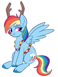 Size: 500x656 | Tagged: safe, artist:lulubell, character:rainbow dash, species:deer, species:pegasus, species:pony, species:reindeer, antlers, backwards cutie mark, bell, female, harness, mare, puffy cheeks, red nose, reindeer dash, rudolph dash, simple background, solo, tack, transparent background, tsunderainbow, unamused
