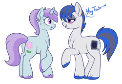 Size: 700x482 | Tagged: safe, artist:lulubell, character:liza doolots, character:petunia, character:tootsie flute, oc, oc:static bass, parent:bon bon, parent:lyra heartstrings, parent:octavia melody, parent:vinyl scratch, parents:lyrabon, parents:scratchtavia, :t, bedroom eyes, canon x oc, eye contact, female, flirting, flower, flower in hair, lesbian, magical lesbian spawn, next generation, offspring, offspring shipping, older, older tootsie flute, open mouth, scrunchy face, shipping, simple background, smiling, sweat, sweatdrop, transparent background, wide eyes