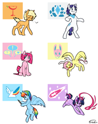 Size: 1415x1800 | Tagged: safe, artist:siden, character:applejack, character:fluttershy, character:pinkie pie, character:rainbow dash, character:rarity, character:twilight sparkle, oc, oc:cottontail, oc:ink blot, oc:ivory, oc:prism wing, oc:sparkling cider, oc:stardust nova, species:earth pony, species:pegasus, species:pony, species:unicorn, alternate cutie mark, alternate hairstyle, alternate universe, bunny ears, eyes closed, female, magic, mane six, mare, tongue out, ultimare universe
