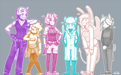 Size: 1280x791 | Tagged: safe, artist:siden, character:applejack, character:fluttershy, character:pinkie pie, character:rainbow dash, character:rarity, character:twilight sparkle, oc, oc:cottontail, oc:ink blot, oc:ivory, oc:prism wing, oc:sparkling cider, oc:stardust nova, species:anthro, alternate universe, chart, clothing, converse, height difference, mane six, monochrome, scrunchy face, shoes, sketch, ultimare universe