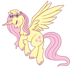 Size: 650x613 | Tagged: safe, artist:lulubell, character:fluttershy, species:alicorn, species:pony, alicornified, blushing, eyes closed, female, floral head wreath, flower, fluttercorn, flying, mare, race swap, simple background, solo, transparent background, unshorn fetlocks