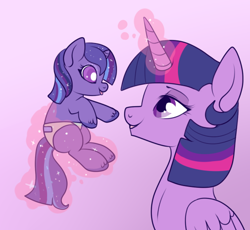 Size: 562x518 | Tagged: safe, artist:lulubell, character:twilight sparkle, character:twilight sparkle (alicorn), oc, oc:moonlight eve, parent:princess luna, parent:twilight sparkle, parents:twiluna, species:alicorn, species:pony, female, filly, foal, levitation, magic, magical lesbian spawn, mare, mother and daughter, next generation, offspring, telekinesis