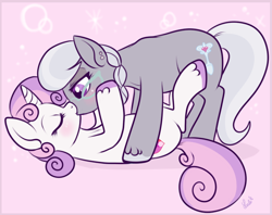 Size: 650x516 | Tagged: safe, artist:lulubell, character:silver spoon, character:sweetie belle, ship:silverbelle, cute, diasweetes, female, kissing, lesbian, older, older silver spoon, older sweetie belle, shipping, silverbetes, unshorn fetlocks