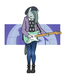 Size: 785x900 | Tagged: safe, artist:siden, character:marble pie, oc, oc only, oc:cashmere, species:anthro, species:earth pony, species:plantigrade anthro, species:pony, alternate universe, beret, clothing, female, guitar, hat, jacket, solo, ultimare universe