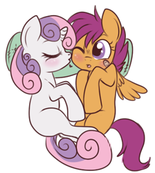 Size: 367x410 | Tagged: safe, artist:lulubell, character:scootaloo, character:sweetie belle, species:pegasus, species:pony, ship:scootabelle, g4, bandaid, blushing, cute, female, kiss on the cheek, kissing, lesbian, one eye closed, profile, shipping, simple background, transparent background