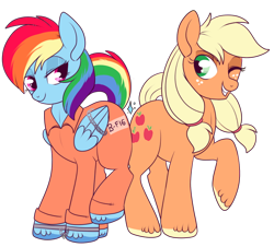 Size: 748x676 | Tagged: safe, artist:lulubell, character:applejack, character:rainbow dash, species:pony, ship:appledash, bound wings, butt bump, butt to butt, butt touch, clothing, cuffs, duo, female, lesbian, mare, prison outfit, prisoner, prisoner rd, shackles, shipping, simple background, transparent background