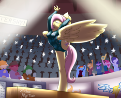 Size: 1242x1000 | Tagged: safe, artist:siden, character:applejack, character:fluttershy, character:pinkie pie, character:rainbow dash, character:rarity, character:twilight sparkle, oc, species:anthro, species:unguligrade anthro, #1, audience, balance beam, cheering, crowd, flexible, foam finger, gymnast, gymnastics, hooves, leotard, needle stretch, olympics, sports
