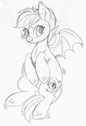 Size: 500x737 | Tagged: safe, artist:lulubell, oc, oc only, oc:night watch, species:bat pony, species:pony, monochrome, simple background, sketchy, solo, traditional art, white background