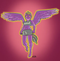 Size: 982x1000 | Tagged: safe, artist:siden, artist:thedashies, character:lightning dust, oc, oc only, oc:lightning blade, species:anthro, species:plantigrade anthro, barefoot, belly button, clothing, feet, female, midriff, solo, sports bra, spread wings, the dashies, wings