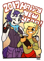 Size: 876x1200 | Tagged: safe, artist:siden, character:applejack, character:rarity, oc, oc:ivory, oc:sparkling cider, species:anthro, ship:rarijack, alternate universe, bottle, cider, clothing, female, happy new year, happy new year 2017, lesbian, looking at you, shipping, ultimare universe