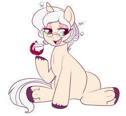 Size: 719x660 | Tagged: safe, artist:lulubell, oc, oc only, oc:allure, species:pony, species:unicorn, alcohol, commission, drunk, glasses, sitting, solo, wine, wine glass, ych result