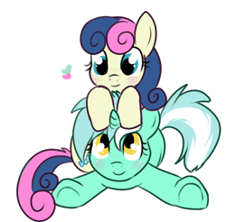 Size: 452x445 | Tagged: safe, artist:lulubell, character:bon bon, character:lyra heartstrings, character:sweetie drops, species:earth pony, species:pony, species:unicorn, ship:lyrabon, adorabon, blushing, cute, female, happy, heart, lesbian, lyrabetes, prone, shipping, simple background, sitting on person, smiling, transparent background