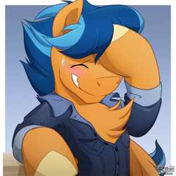 Size: 844x844 | Tagged: safe, artist:bcpony, oc, oc only, oc:lightning rider, species:pegasus, species:pony, blushing, chest fluff, clothing, polo shirt, smiling, solo