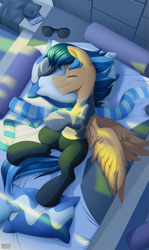 Size: 1183x1980 | Tagged: safe, artist:bcpony, oc, oc only, oc:lightning rider, species:pegasus, species:pony, bed, bedroom, bodysuit, clothing, pillow, scarf, sleeping, smiling, solo, suit, sunglasses