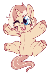 Size: 500x752 | Tagged: safe, artist:lulubell, oc, oc only, oc:lulubell, species:pony, species:unicorn, chubby, female, filly, freckles, glasses, solo, underhoof, younger