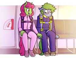 Size: 1280x979 | Tagged: safe, artist:siden, oc, oc only, oc:software patch, oc:windcatcher, species:anthro, anthro oc, blushing, clothing, commission, duo, glasses, holding hands, jumpsuit, nervous, parachute, side by side, sitting, skydiving, sweat, windpatch
