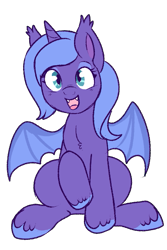 Size: 521x778 | Tagged: safe, artist:lulubell, character:princess luna, species:alicorn, species:bat pony, species:pony, bat pony alicorn, female, lunabat, race swap, s1 luna, simple background, sitting, smiling, solo, transparent background, unshorn fetlocks, younger