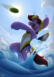 Size: 844x1200 | Tagged: safe, artist:bcpony, oc, oc only, oc:corduroy road, species:earth pony, species:pony, athlete, cap, clothing, commission, hat, male, ocean, one-piece swimsuit, open mouth, solo, stallion, swimsuit, underhoof, water polo