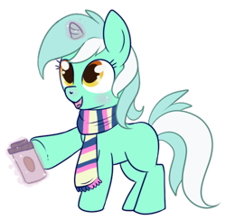 Size: 429x419 | Tagged: safe, artist:lulubell, character:lyra heartstrings, species:pony, species:unicorn, blank flank, clothing, cup, drink, female, filly, food, hot chocolate, magic, scarf, simple background, smiling, solo, telekinesis, transparent background, young, younger