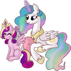 Size: 644x648 | Tagged: safe, artist:lulubell, character:princess cadance, character:princess celestia, species:alicorn, species:pony, aunt and niece, brush, brushie, cute, cutedance, cutelestia, duo, duo female, female, filly, filly cadance, mare, momlestia, pillow, prone, simple background, sitting, smiling, transparent background, younger