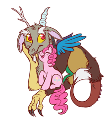 Size: 444x500 | Tagged: safe, artist:lulubell, character:discord, character:pinkie pie, species:draconequus, species:earth pony, species:pony, ship:discopie, blushing, cute, discute, eyes closed, female, floppy ears, fluffy, looking at you, male, mare, neck nuzzle, nuzzling, open mouth, prone, raised hoof, shipping, simple background, sitting, size difference, smiling, straight, white background