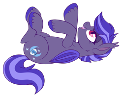 Size: 750x589 | Tagged: safe, artist:lulubell, oc, oc only, oc:night watch, species:bat pony, species:pony, fangs, female, mare, on back, simple background, smiling, solo, transparent background
