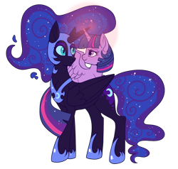 Size: 800x761 | Tagged: safe, artist:lulubell, character:nightmare moon, character:princess luna, character:twilight sparkle, character:twilight sparkle (alicorn), species:alicorn, species:pony, ship:twiluna, ship:twimoon, female, heart, horns are touching, lesbian, magic glow, mare, shipping