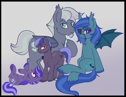 Size: 1197x930 | Tagged: safe, artist:lulubell, edit, oc, oc only, oc:cloud cover, oc:hazy inkwell, oc:night watch, oc:wing whisper, species:bat pony, brother and sister, eyepatch, family, family photo, female, male, mother and father, parent, scar