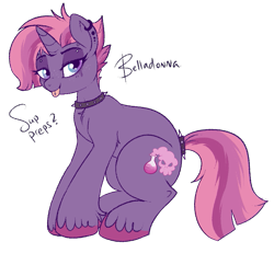 Size: 765x706 | Tagged: safe, artist:lulubell, character:tempest shadow, character:twilight sparkle, oc, oc:belladonna, parent:tempest shadow, parent:twilight sparkle, parents:tempestlight, ship:tempestlight, my little pony: the movie (2017), collar, female, goth, magical lesbian spawn, next generation, offspring, piercing, solo, spiked collar, tongue out