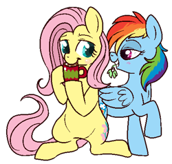 Size: 473x450 | Tagged: safe, artist:lulubell, character:fluttershy, character:rainbow dash, ship:flutterdash, female, lesbian, mistletoe, shipping, simple background, transparent background