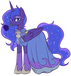 Size: 800x860 | Tagged: safe, alternate version, artist:lulubell, character:princess luna, species:alicorn, species:pony, clothing, dress, ear piercing, earring, female, flower, flower in mouth, jewelry, mare, mouth hold, necklace, piercing, redraw, rose, rose in mouth, simple background, solo, transparent background