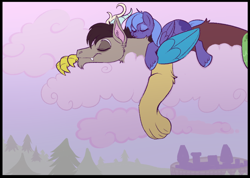 Size: 1000x710 | Tagged: safe, artist:lulubell, character:discord, character:princess luna, species:pegasus, species:pony, cloud, cloud bed, nap, pegasus luna, race swap, sleeping, sunrise, younger