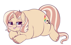 Size: 1167x750 | Tagged: safe, artist:lulubell, oc, oc only, oc:lulubell, species:pony, species:unicorn, bingo wings, blushing, chubby cheeks, double chin, fat, female, freckles, glasses, mare, mlem, obese, silly, simple background, solo, tongue out, transparent background