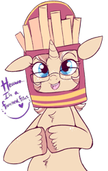 Size: 619x982 | Tagged: safe, artist:lulubell, oc, oc only, oc:lulubell, belly fluff, chest fluff, clothing, costume, food, food costume, freckles, french fries, glasses, hat, simple background, solo, transparent background, unshorn fetlocks