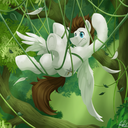 Size: 1573x1573 | Tagged: safe, artist:bcpony, oc, oc:core, species:pegasus, species:pony, canopy, commission, male, solo, stuck, tangled up, tree, underhoof, vine