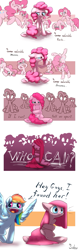 Size: 607x1920 | Tagged: safe, artist:siden, character:pinkamena diane pie, character:pinkie pie, character:rainbow dash, species:earth pony, species:pegasus, species:pony, episode:too many pinkie pies, g4, my little pony: friendship is magic, crying, doubt, female, floppy ears, good end, mare, multeity, silhouette, surprised, too much pink energy is dangerous