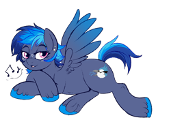 Size: 950x670 | Tagged: safe, artist:lulubell, oc, oc only, oc:blue jay, parent:rainbow dash, parent:shining armor, parents:shiningdash, species:pegasus, species:pony, female, mare, music notes, next generation, offspring, simple background, solo, transparent background, unshorn fetlocks