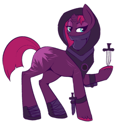Size: 807x854 | Tagged: safe, artist:lulubell, character:tempest shadow, species:pony, my little pony: the movie (2017), cowl, dagger, dungeons and dragons, eye scar, fantasy class, female, hood, rogue, scar, simple background, solo, transparent background, weapon