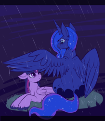 Size: 900x1030 | Tagged: safe, artist:lulubell, character:princess luna, character:twilight sparkle, character:twilight sparkle (alicorn), species:alicorn, species:pony, ship:twiluna, bedroom eyes, chest fluff, female, lesbian, mare, one eye closed, rain, shipping, wing umbrella