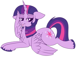 Size: 894x670 | Tagged: safe, artist:lulubell, character:twilight sparkle, character:twilight sparkle (alicorn), species:alicorn, species:pony, chest fluff, female, prone, simple background, solo, sweat, transparent background, unshorn fetlocks, wing hands
