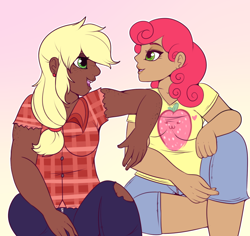 Size: 770x727 | Tagged: safe, artist:lulubell, character:applejack, character:strawberry sunrise, species:human, ship:applerise, bedroom eyes, breasts, chubby, clothing, commission, dark skin, ear piercing, earring, female, flannel, freckles, gradient background, humanized, jeans, jewelry, lesbian, open mouth, pants, piercing, shipping, shirt, shorts, t-shirt, torn clothes