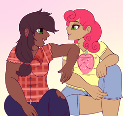 Size: 770x727 | Tagged: safe, alternate version, artist:lulubell, character:applejack, character:strawberry sunrise, species:human, ship:applerise, alternate hair color, bedroom eyes, black hair, breasts, chubby, clothing, commission, dark skin, ear piercing, earring, female, flannel, freckles, gradient background, humanized, jeans, jewelry, lesbian, natural hair color, open mouth, pants, piercing, shipping, shirt, shorts, t-shirt, torn clothes
